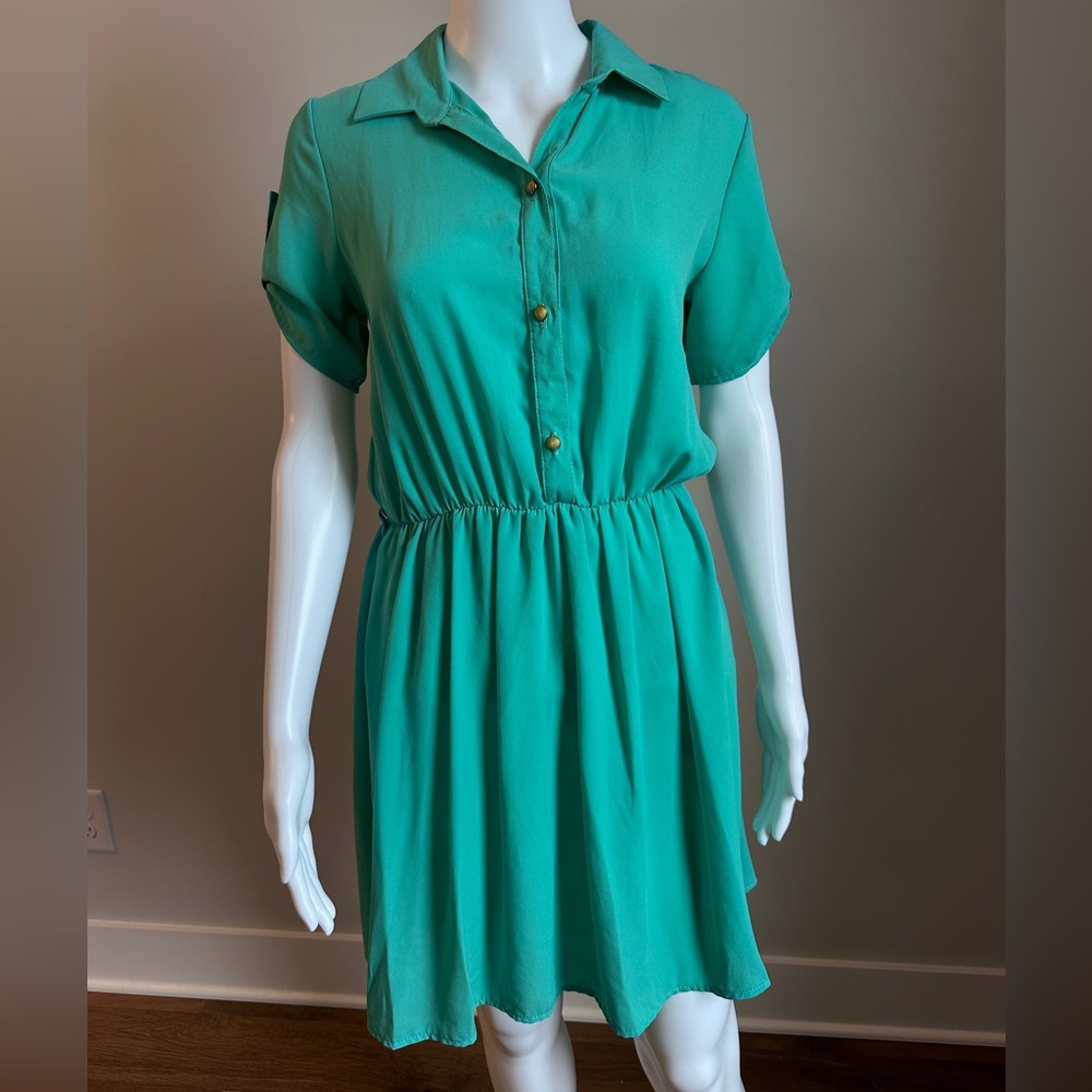 MOA USA Teal Button-Front Elastic Waist Mini Dress